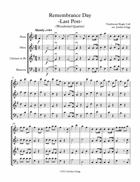 Remembrance Day. 'Last Post' (Woodwind Quartet) (arr. Jordan Grigg)