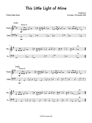 This Little Light of Mine (Easy Violin/Cello Duet) (arr. Christopher Bell)
