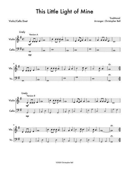 This Little Light of Mine (Easy Violin/Cello Duet) (arr. Christopher Bell)