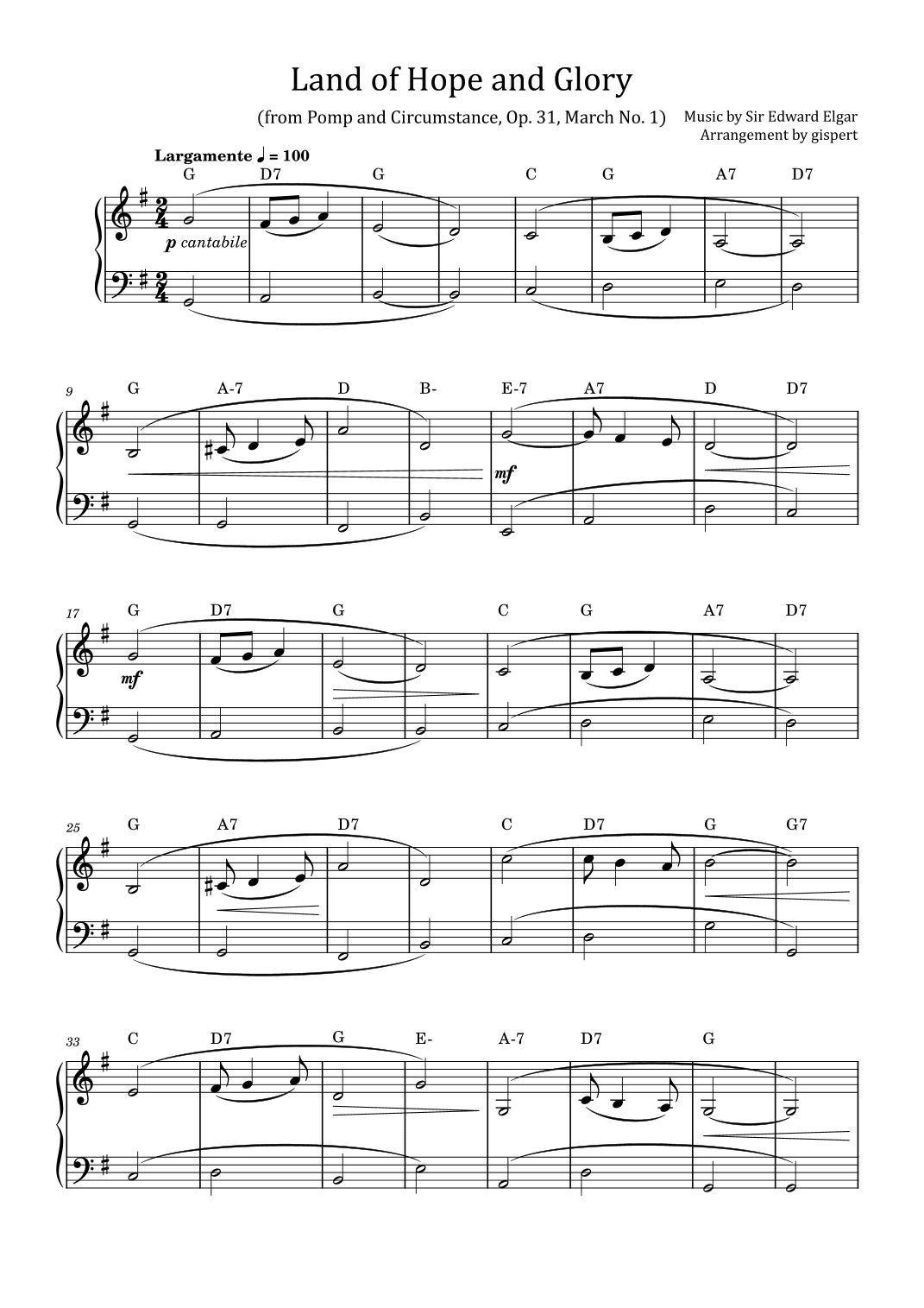 Land of Hope and Glory (from Pomp and Circumstance, Op. 31, March No. 1) with chords (arr. Gispert)
