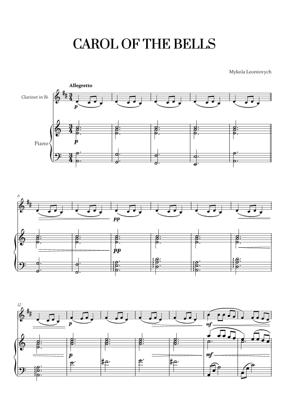 Carol of the Bells (Very Easy/Beginner) - A minor (for Clarinet and Piano) (arr. Cadenza Editions)