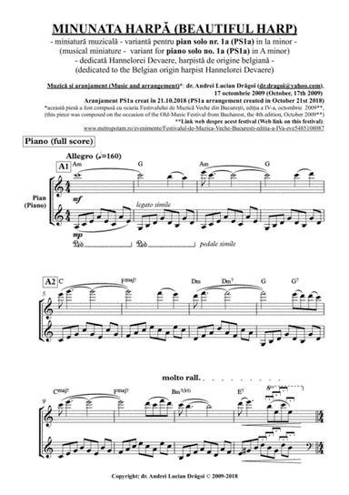 MINUNATA HARPA (BEAUTIFUL HARP) (musical miniature - variant for piano solo no. 1a (PS1a) in A mino