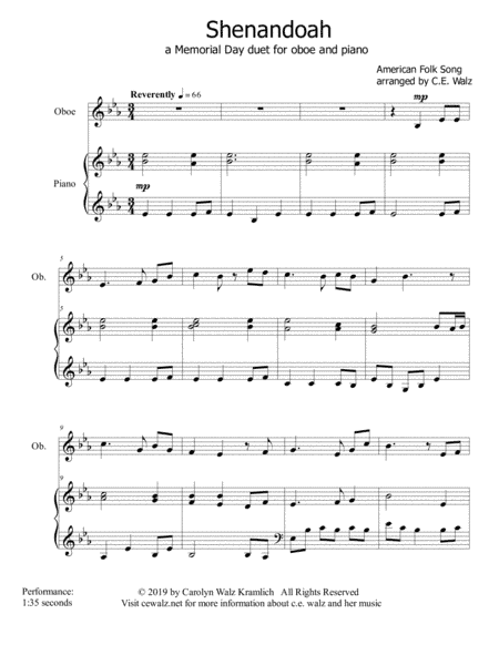 Shenandoah - a Memorial Day duet for oboe and piano (arr. c.e. walz)