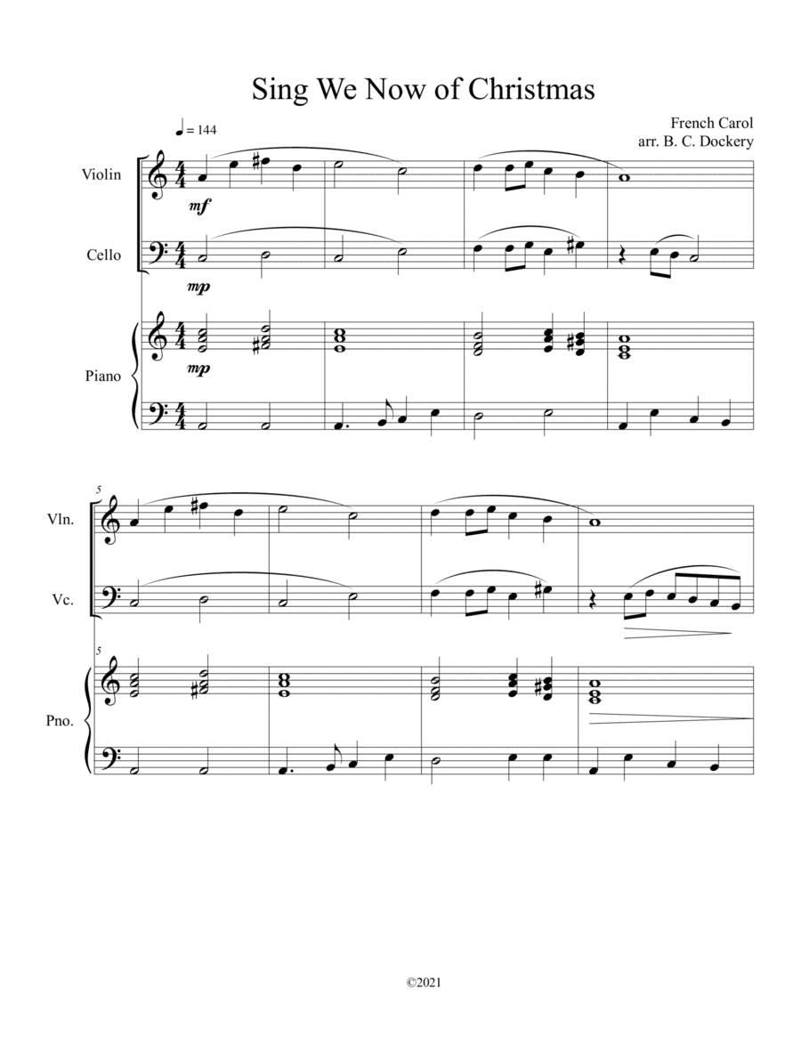 Sing We Now of Christmas (Violin and Cello Duet with Piano Accompaniment) (arr. B. C. Dockery)