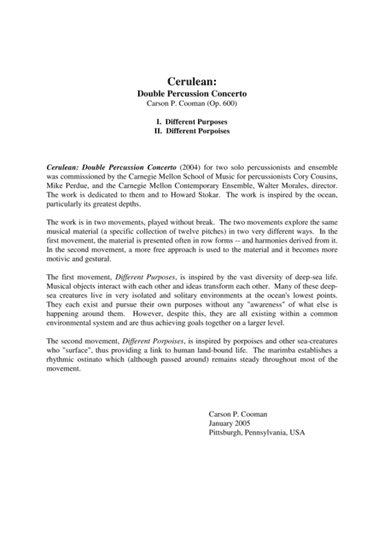 Carson Cooman: Cerulean: Double Percussion Concerto (2004) for two solo percussionists and ensemble,