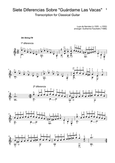 Luys de Narváez - Siete Diferencias Sobre "Guárdame las Vacas". Arrangement for Classical Guitar. (arr. Guilherme Facchetti)