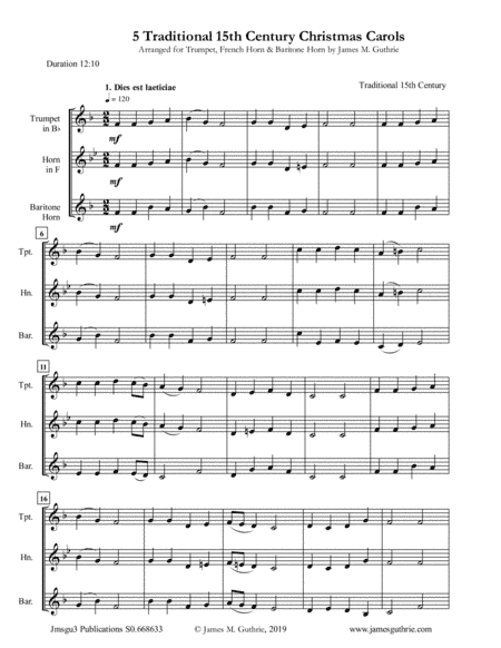 5 Traditional 15th Century Christmas Carols for Trumpet, Horn & Baritone Horn (arr. James M. Guthrie, ASCAP)