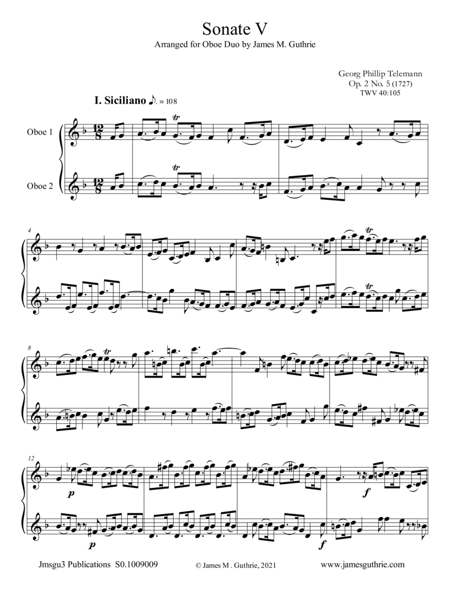 Telemann: Sonata Op. 2 No. 5 for Oboe Duo (arr. James M. Guthrie)