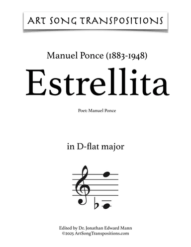 PONCE: Estrellita (transposed to D-flat major) (arr. ArtSongTranspositions.com)