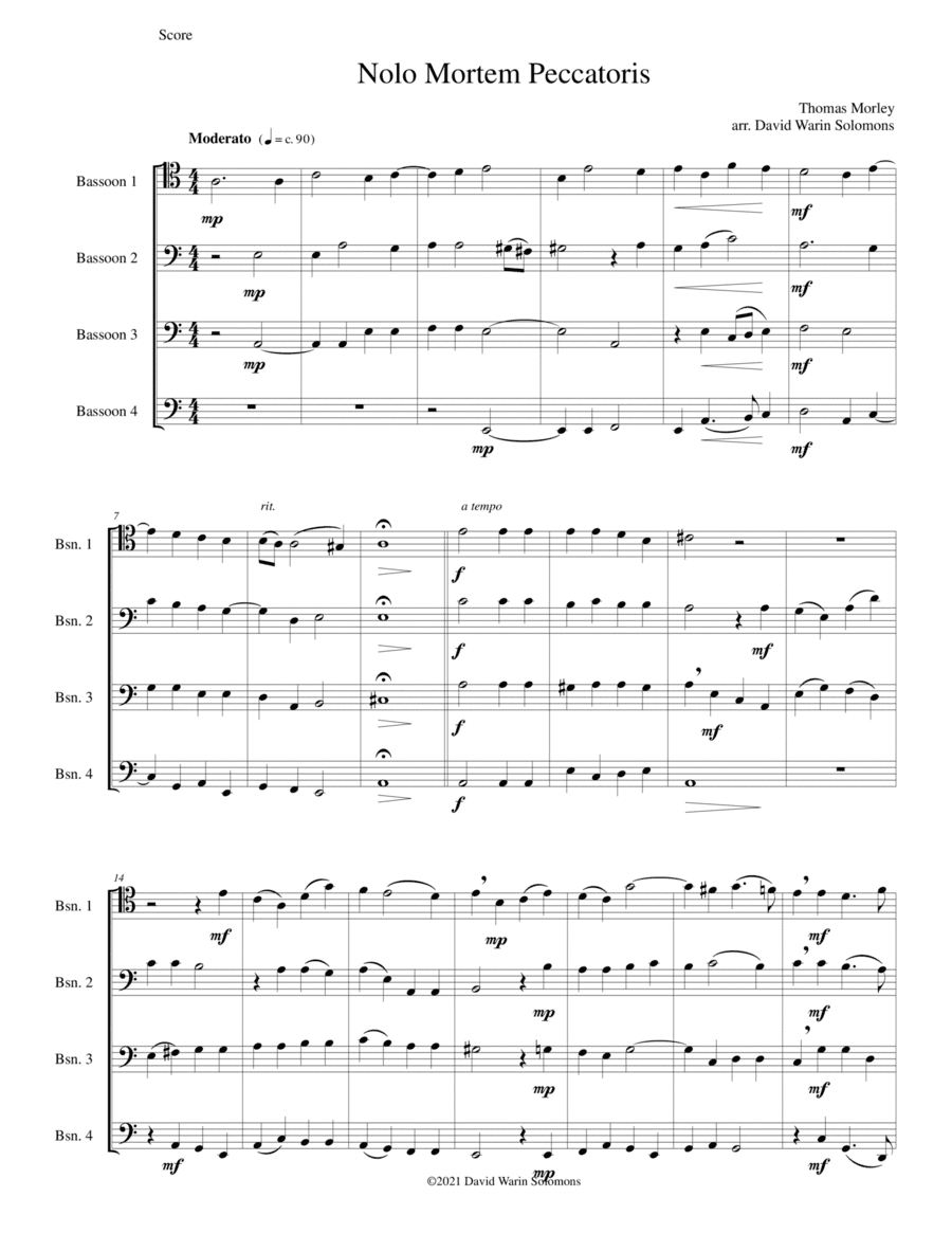 Nolo mortem peccatoris (I do not wish a sinner to die) for 4 bassoons (arr. David Warin Solomons)