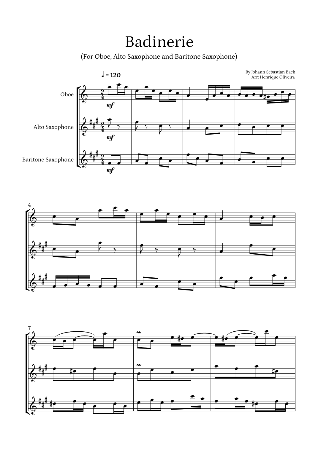 Badinerie by J. S. Bach (For Oboe, Alto Saxophone and Baritone Saxophone) (arr. Henrique Oliveira)