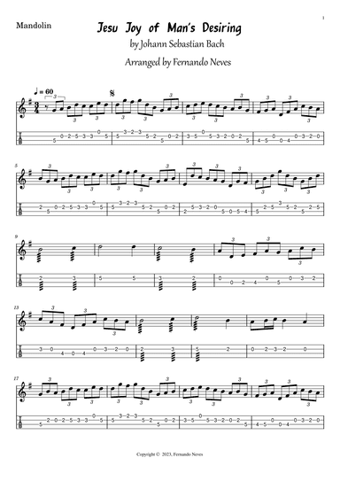 Jesu, Joy of Man's desiring for Mandolim (Tablature and Score) (arr. FERNANDO LUIZ NEVES)