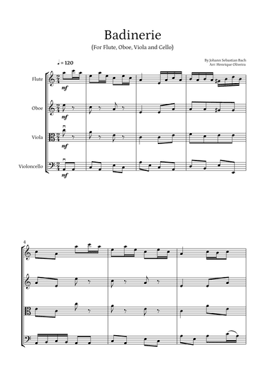 Badinerie by J. S. Bach (For Flute, Oboe, Viola and Cello) (arr. Henrique Oliveira)