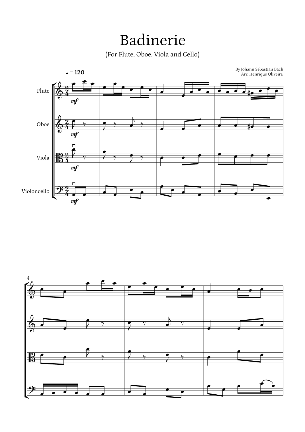 Badinerie by J. S. Bach (For Flute, Oboe, Viola and Cello) (arr. Henrique Oliveira)