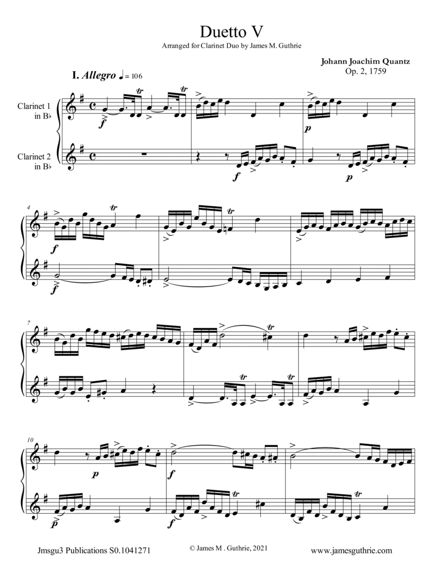 Quantz: Duetto Op. 2 No. 5 for Clarinet Duo (arr. James M. Guthrie)
