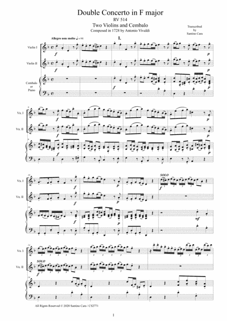 Vivaldi - Double Concerto in D minor RV 514 for Two Violins and Cembalo (or Piano) (arr. Santino Cara)