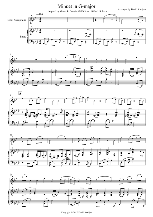 Minuet in G-major - EASY (tenor sax & piano) (arr. David Kocijan)