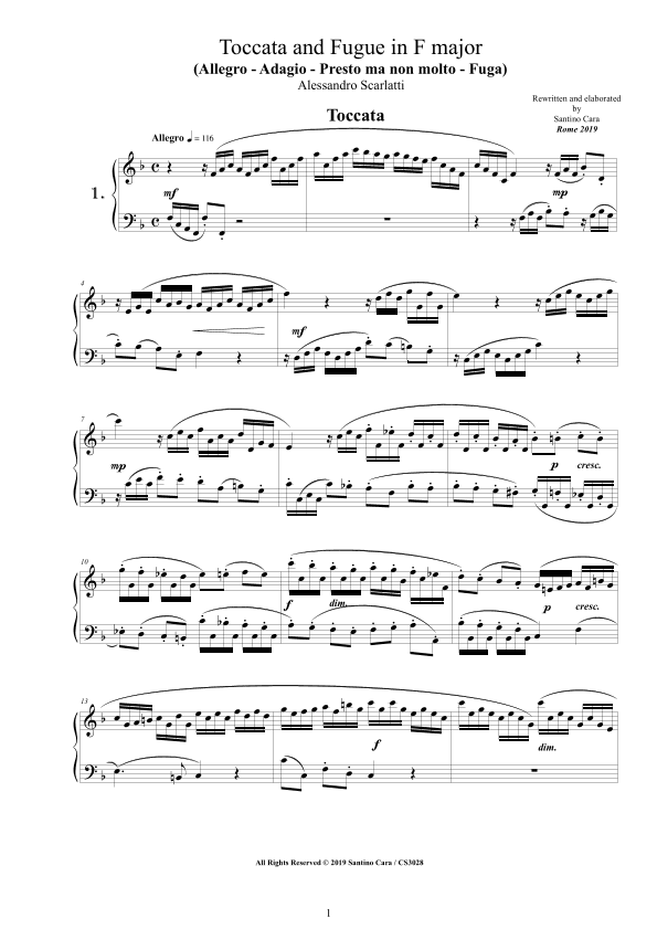 Scarlatti A - Toccata and Fugue No.1 in F major for Piano (arr. Cara Santino)