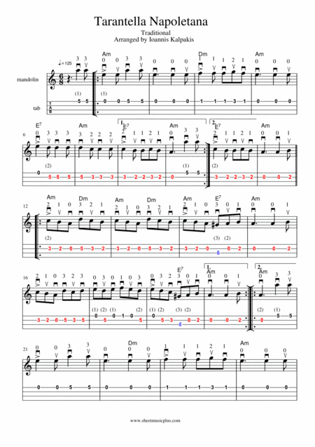 Tarantella Napoletana. Mandolin sheet music and tablature (arr. Ioannis Kalpakis www.mandolino.blogspot.com)