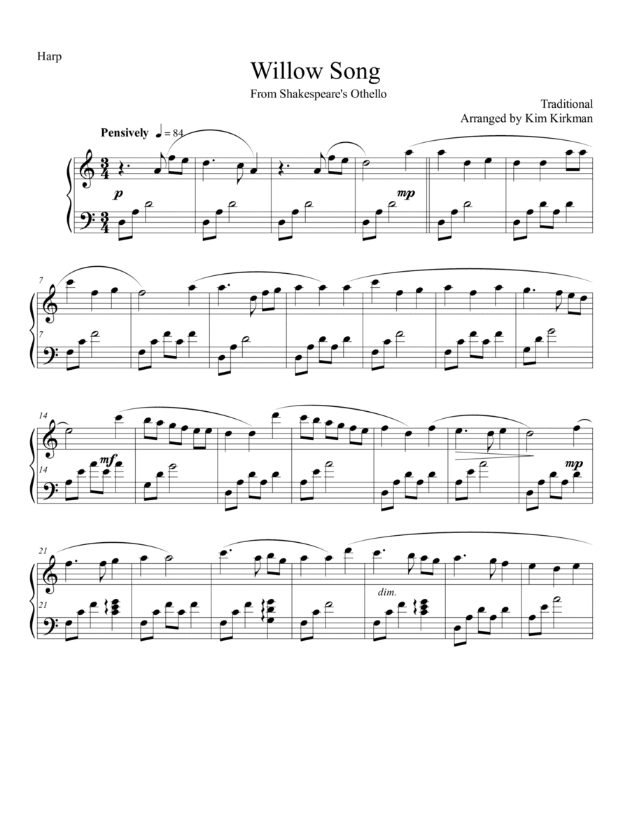 The Willow Song - from Shakespeare's Othello - for solo harp (no levers needed) (arr. Kim Kirkman)