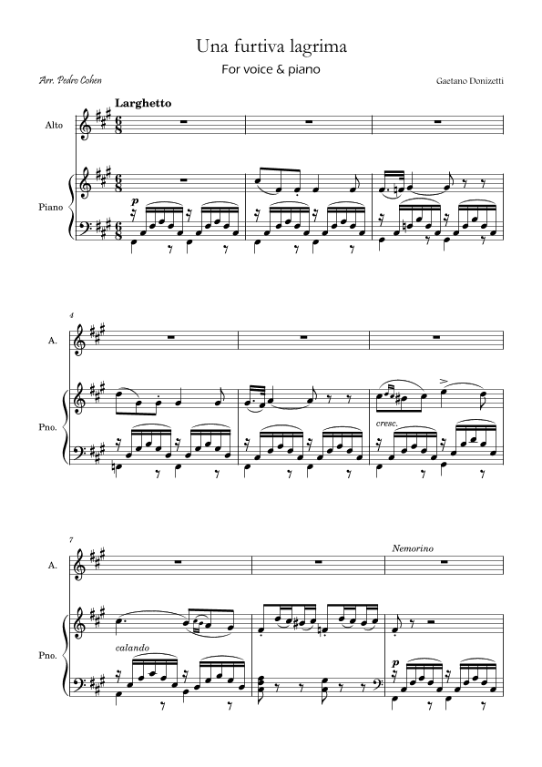Una Furtiva Lagrima (Contralto in F#m) (arr. Pedro Cohen)