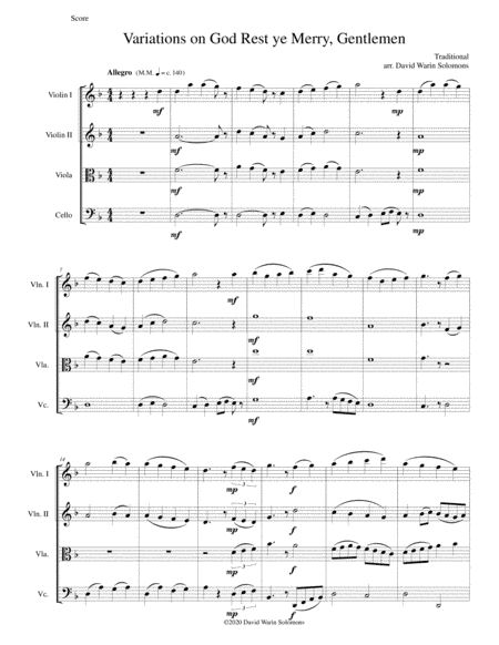 Variations on God rest ye merry, Gentlemen, for string quartet (arr. David Warin Solomons)