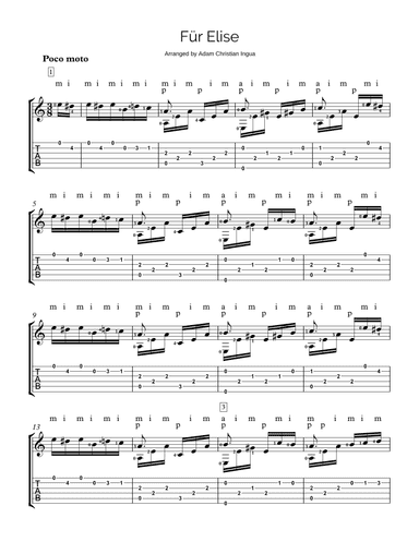 Fur Elise arranged for Guitar w/ TABS (arr. Adam Christian Ingua)