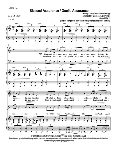 Blessed Assurance / Quelle Assurance - SAB Choir arrangement by Stephen R Dalrymple (arr. Stephen R Dalrymple)