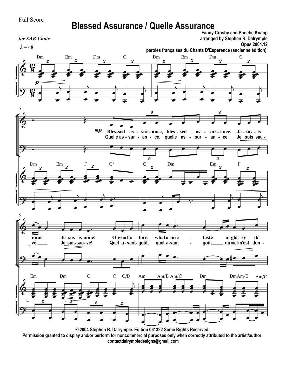 Blessed Assurance / Quelle Assurance - SAB Choir arrangement by Stephen R Dalrymple (arr. Stephen R Dalrymple)