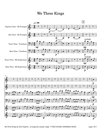 We Three Kings for Brass Quartet in Schools (arr. Joseph Judge)