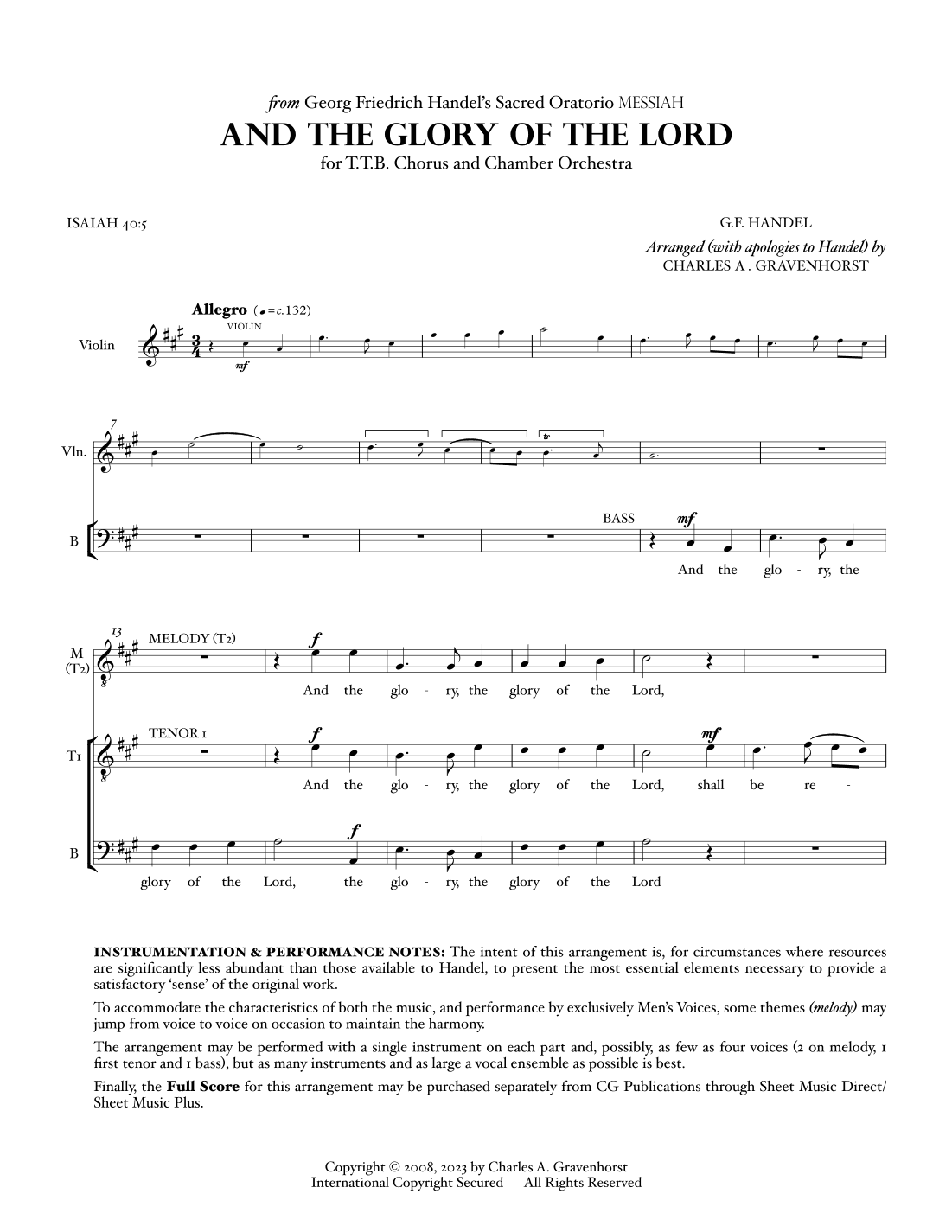 And The Glory Of The Lord (from “MESSIAH”) for Men’s Chorus (TTB) – VOCAL PARTS (arr. Charles A. Gravenhorst)