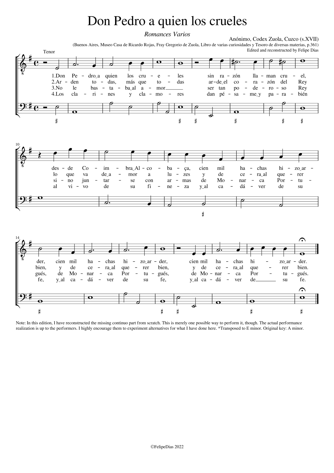 Don Pedro a quien los crueles (arr. Early Music Scores)