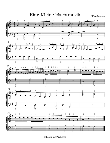 Eine Klein Nachtmusik, W.A. Mozart - Easy Piano (arr. LearnPianoWeb.com)