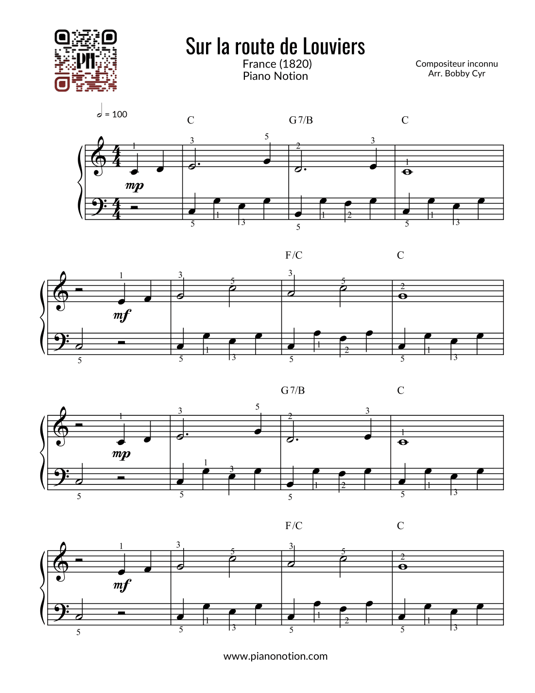Sur la route de Louviers - Comptines (piano facile) (arr. Bobby Cyr - Piano Notion)
