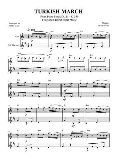 Turkish March - Flute and Clarinet Duet (with chords) (arr. Valdir Maia)