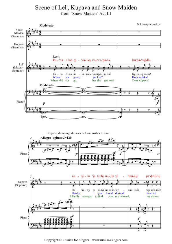 "Snowmaiden": Scene of Lel', Kupava and Snow Maiden Act 3 DICTION SCORE w IPA & translation (arr. Russian for Singers)