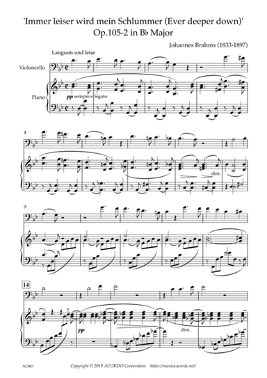 'Immer leiser wird mein Schlummer (Ever deeper down)' Op.105-2 in B-flat Major for Violoncello & Pia (arr. Kamada, Mikio)