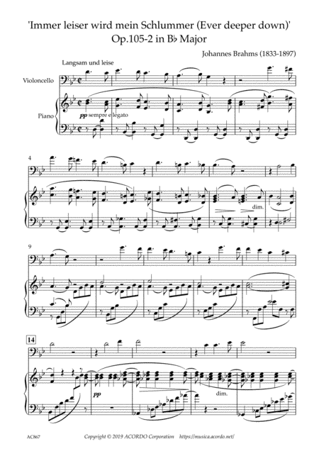 'Immer leiser wird mein Schlummer (Ever deeper down)' Op.105-2 in B-flat Major for Violoncello & Pia (arr. Kamada, Mikio)