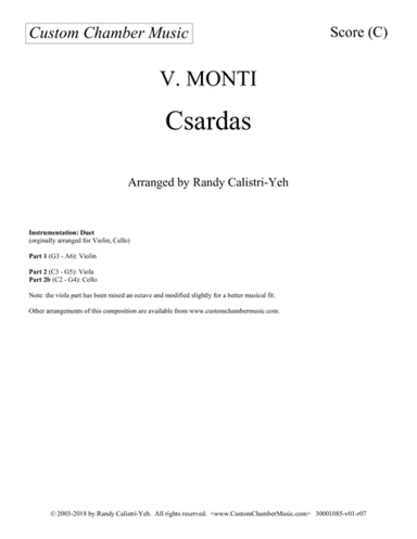 Monti Csardas (Czardas): duet for violin and cello/viola (arr. Randy Calistri-Yeh)