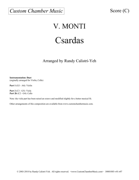 Monti Csardas (Czardas): duet for violin and cello/viola (arr. Randy Calistri-Yeh)