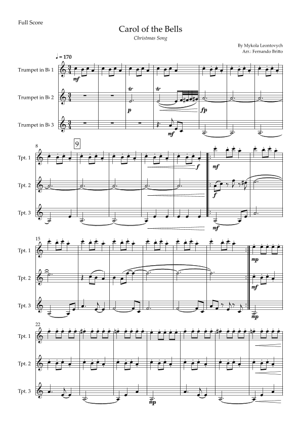 Carol of the Bells in Jazz Version (Christmas Song) for Trumpet in Bb Trio (arr. Fabio Britto)