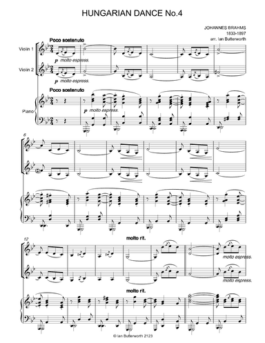 BRAHMS Hungarian Dance No.4 for two violins & piano (arr. Ian Butterworth)