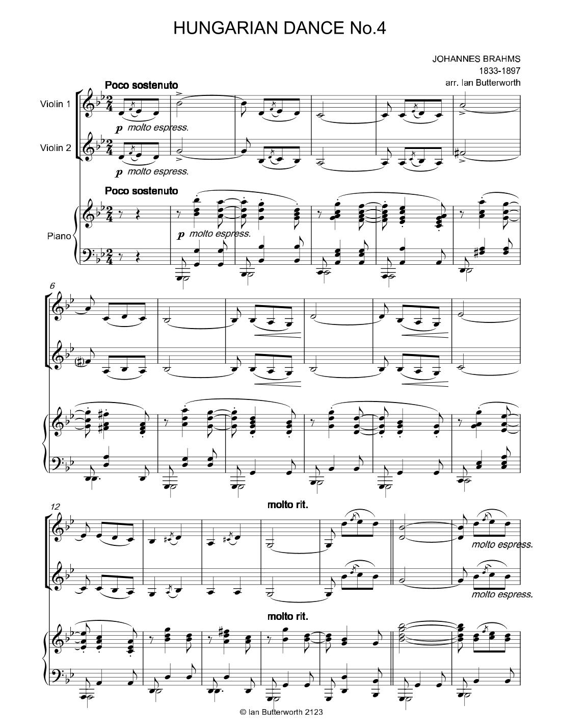 BRAHMS Hungarian Dance No.4 for two violins & piano (arr. Ian Butterworth)