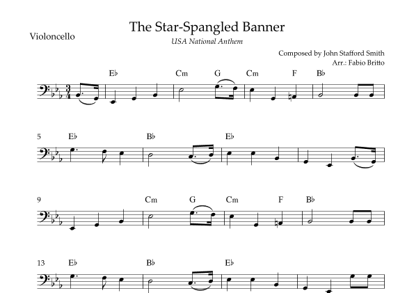 The Star Spangled Banner (USA National Anthem) for Cello Solo with Chords (Eb Major) (arr. Fabio Britto)
