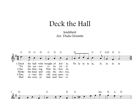 Deck the Halls  (G major - leadsheet - with lyrics) (arr. Duda Oriontte)
