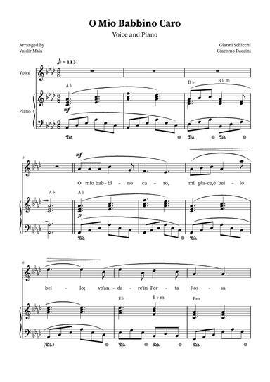 O Mio Babbino Caro - Female Voice in A-flat Major (with chords) (arr. Valdir Maia)