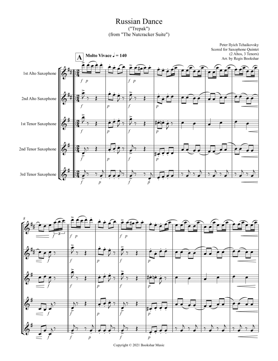 Russian Dance ("Trepak") (from "The Nutcracker Suite") (F) (Saxophone Quintet - 2 Alto, 3 Tenor) (arr. Regis Bookshar)