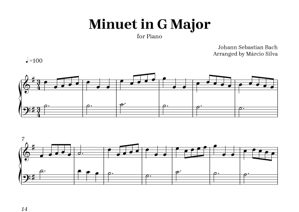 Minuet in G Major - for piano - intermediate sheet music (arr. Márcio Silva)