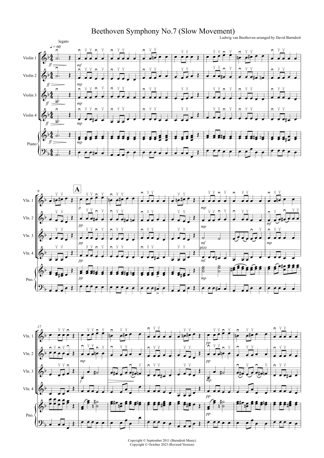 Beethoven Symphony No.7 (slow movement) for Violin Quartet (arr. David Burndrett)
