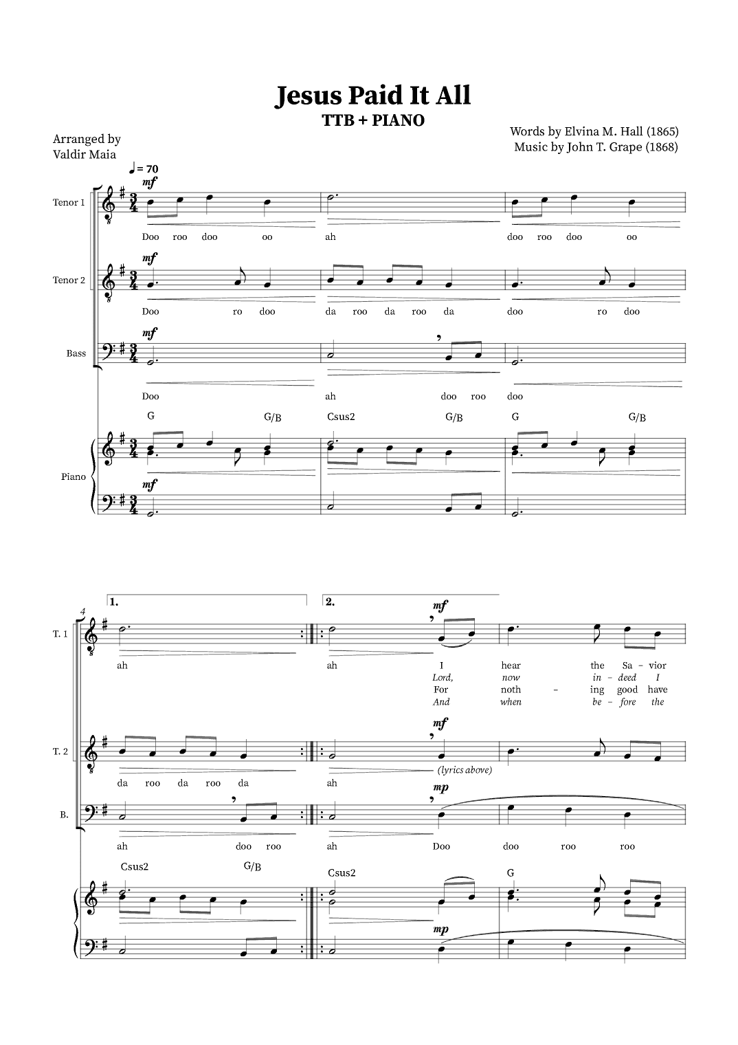 Jesus Paid It All - TTB Trio or Choir (Piano Accompaniment + Chords) (arr. Valdir Maia)